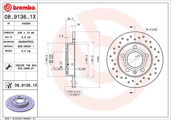 Brembo 08.9136.1X - Brake Disc autospares.lv