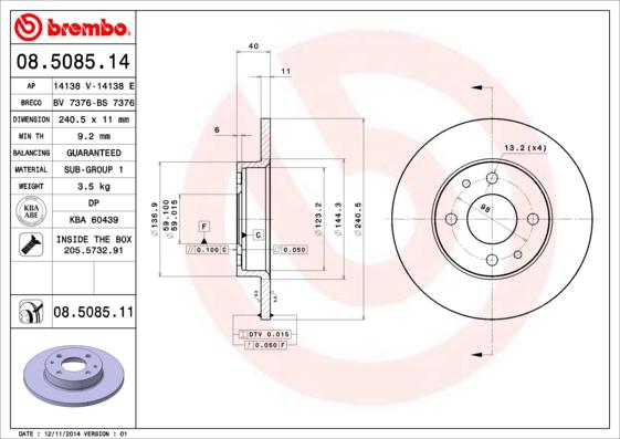 Brembo 08.5085.11 - Brake Disc autospares.lv