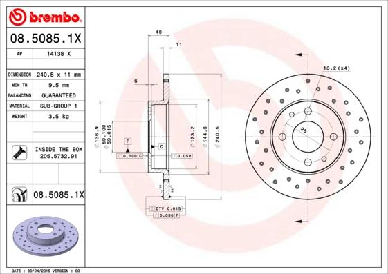 Brembo 08.5085.1X - Brake Disc autospares.lv