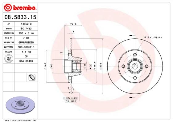 Brembo 08.5833.15 - Brake Disc autospares.lv