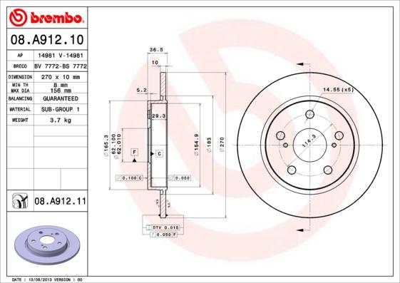 Brembo 08.A912.11 - Brake Disc autospares.lv