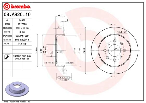 Brembo 08.A920.10 - Brake Disc autospares.lv