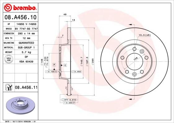 Brembo 08.A456.11 - Brake Disc autospares.lv