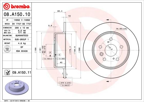 Brembo 08.A150.11 - Brake Disc autospares.lv