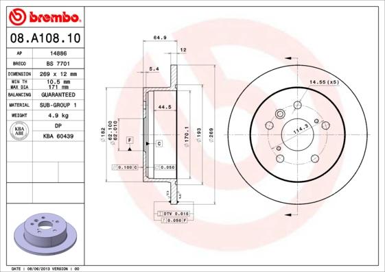 Brembo 08.A108.10 - Brake Disc autospares.lv