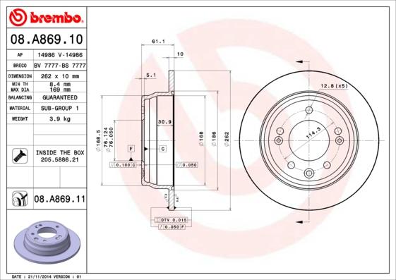 Brembo 08.A869.11 - Brake Disc autospares.lv