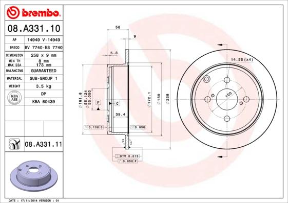Brembo 08.A331.11 - Brake Disc autospares.lv