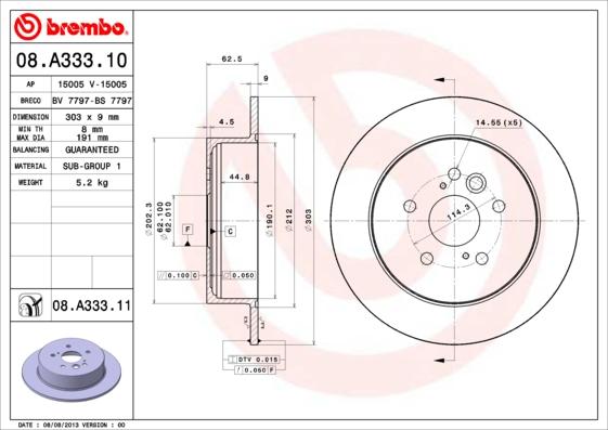 Brembo 08.A333.11 - Brake Disc autospares.lv