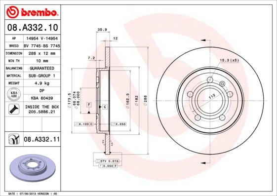 Brembo 08.A332.10 - Brake Disc autospares.lv