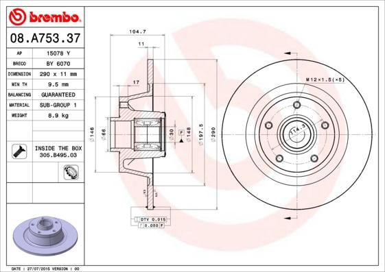 Brembo 08.A753.37 - Brake Disc autospares.lv