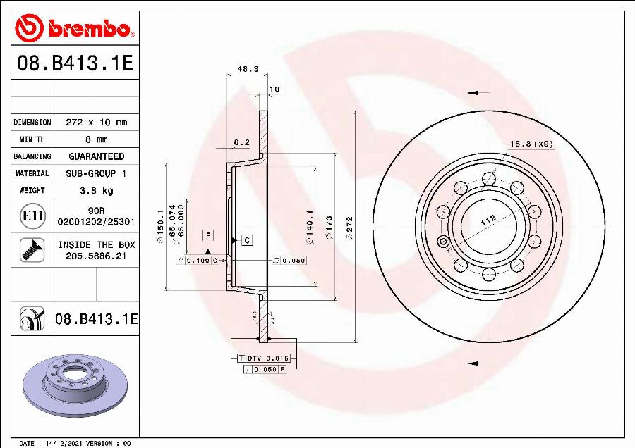 Brembo 08.B413.1E - Brake Disc autospares.lv