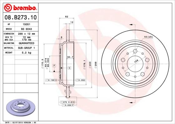 Brembo 08.B273.10 - Brake Disc autospares.lv
