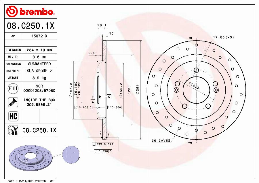 Brembo 08.C250.1X - Brake Disc autospares.lv