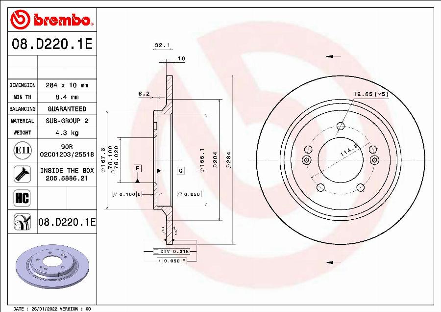 Brembo 08.D220.1E - Brake Disc autospares.lv