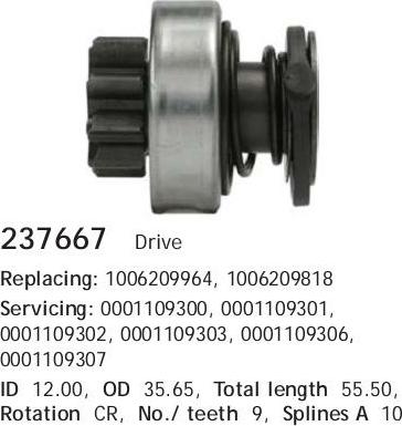 Cargo 237667 - Pinion, bendix, starter autospares.lv