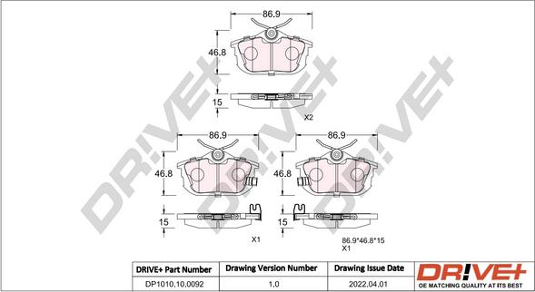 Dr!ve+ DP1010.10.0092 - Brake Pad Set, disc brake autospares.lv