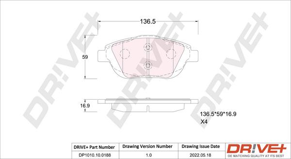 Dr!ve+ DP1010.10.0188 - Brake Pad Set, disc brake autospares.lv