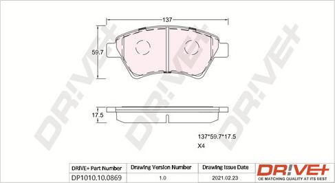 Dr!ve+ DP1010.10.0869 - Brake Pad Set, disc brake autospares.lv