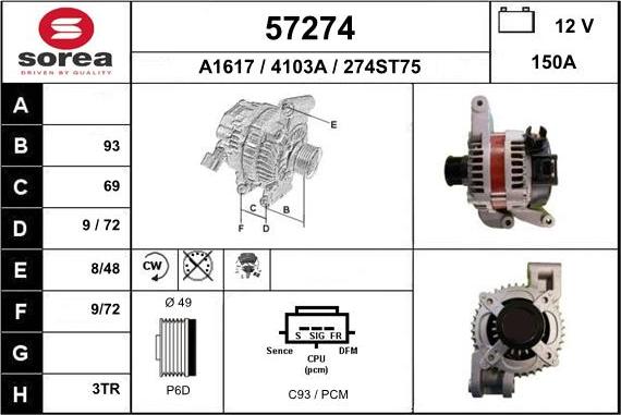 EAI 57274 - Alternator autospares.lv