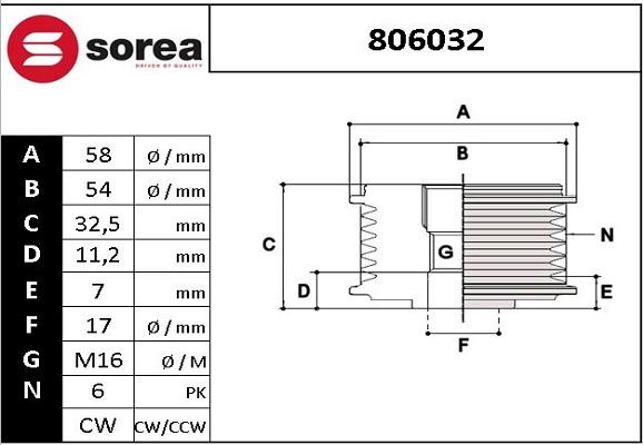 EAI 806032 - Pulley, alternator, freewheel clutch autospares.lv