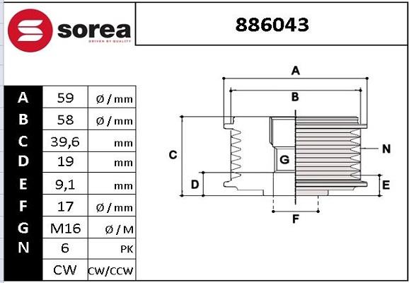 EAI 886043 - Pulley, alternator, freewheel clutch autospares.lv