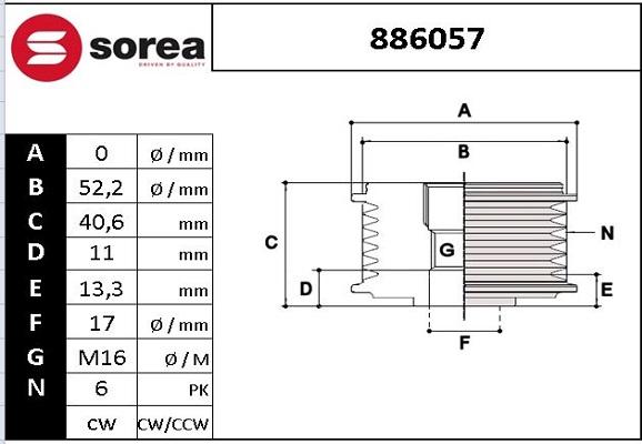 EAI 886057 - Pulley, alternator, freewheel clutch autospares.lv