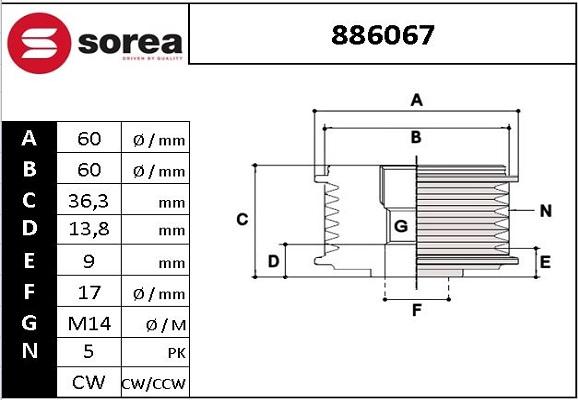 EAI 886067 - Pulley, alternator, freewheel clutch autospares.lv