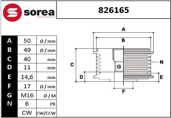 EAI 826165 - Pulley, alternator, freewheel clutch autospares.lv