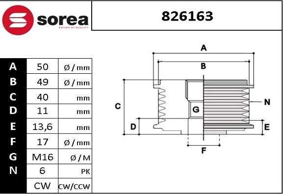 EAI 826163 - Pulley, alternator, freewheel clutch autospares.lv