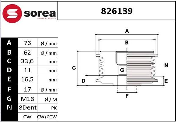 EAI 826139 - Pulley, alternator, freewheel clutch autospares.lv