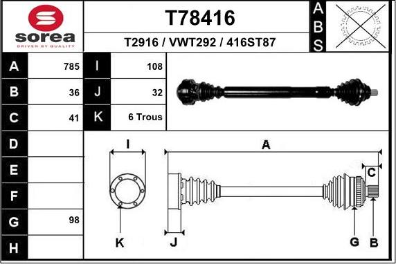 EAI T78416 - Drive Shaft autospares.lv