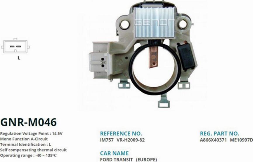 Genon GNR-M046 - Voltage regulator, alternator autospares.lv