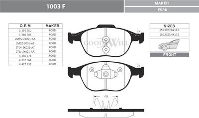 GoodWill 1003 F - Brake Pad Set, disc brake autospares.lv