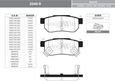 GoodWill 2040 R - Brake Pad Set, disc brake autospares.lv