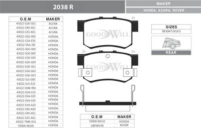 GoodWill 2038 R - Brake Pad Set, disc brake autospares.lv