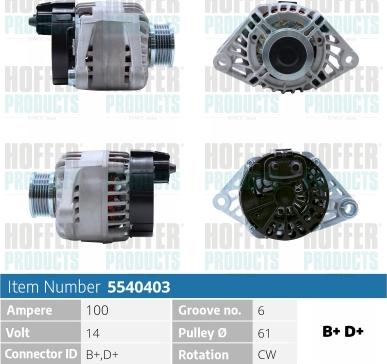 Hoffer H5540403 - Alternator autospares.lv