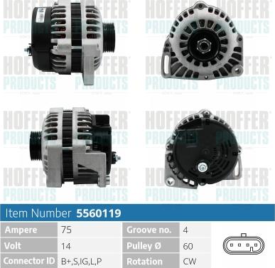 Hoffer H5560119 - Alternator autospares.lv