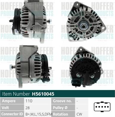 Hoffer H5610045 - Alternator autospares.lv