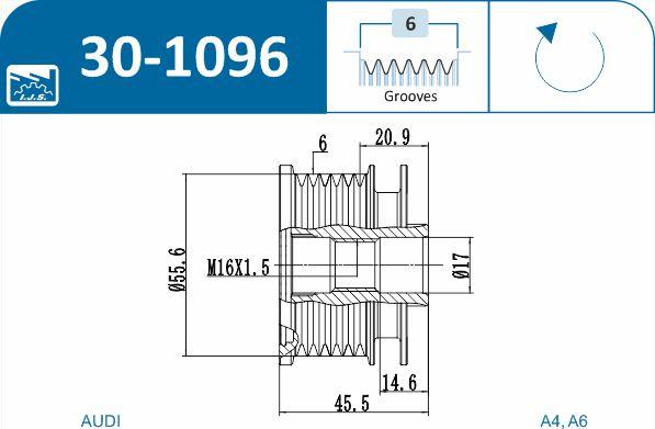 IJS GROUP 30-1096 - Pulley, alternator, freewheel clutch autospares.lv