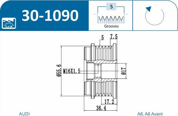 IJS GROUP 30-1090 - Pulley, alternator, freewheel clutch autospares.lv