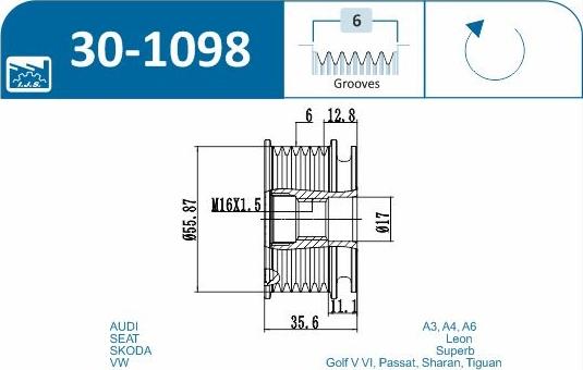 IJS GROUP 30-1098 - Pulley, alternator, freewheel clutch autospares.lv