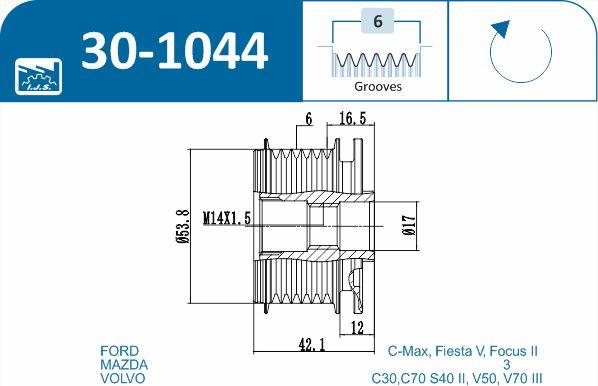 IJS GROUP 30-1044 - Pulley, alternator, freewheel clutch autospares.lv