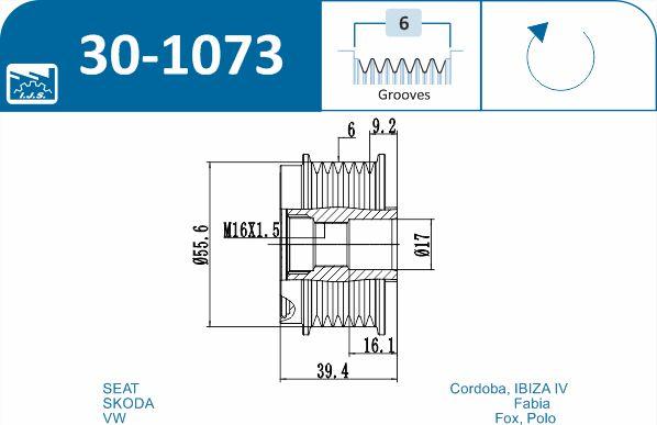 IJS GROUP 30-1073 - Pulley, alternator, freewheel clutch autospares.lv