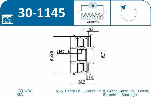 IJS GROUP 30-1145 - Pulley, alternator, freewheel clutch autospares.lv