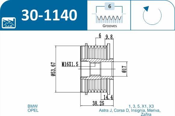 IJS GROUP 30-1140 - Pulley, alternator, freewheel clutch autospares.lv