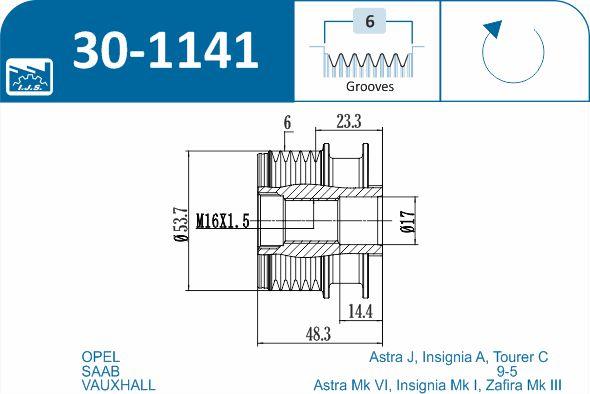 IJS GROUP 30-1141 - Pulley, alternator, freewheel clutch autospares.lv