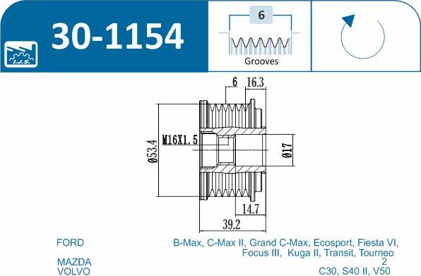 IJS GROUP 30-1154 - Pulley, alternator, freewheel clutch autospares.lv