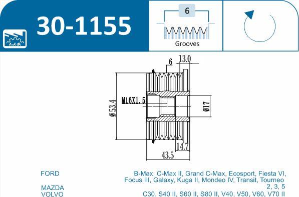 IJS GROUP 30-1155 - Pulley, alternator, freewheel clutch autospares.lv