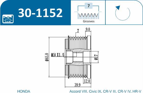 IJS GROUP 30-1152 - Pulley, alternator, freewheel clutch autospares.lv