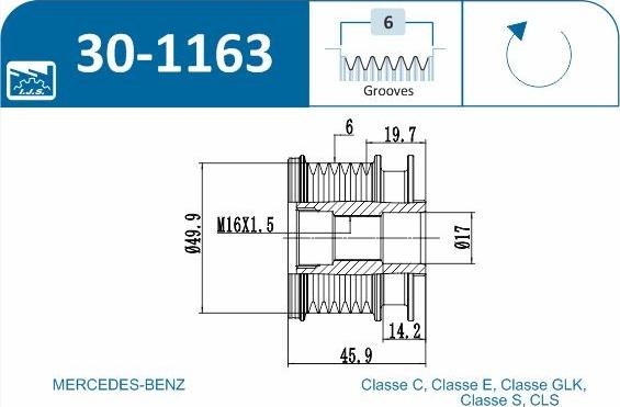 IJS GROUP 30-1163 - Pulley, alternator, freewheel clutch autospares.lv